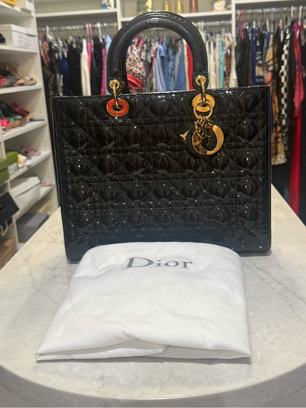 Christian Dior Black Large Patent Cannage Large Lady Dior Gold H hardware EUC